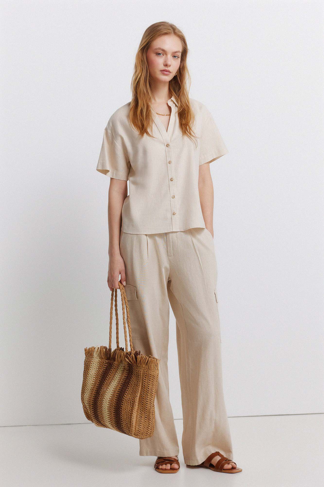 Springfield Camisa de lino de manga corta beige