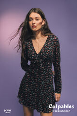 Springfield Vestido corto escote nudo estampado negro