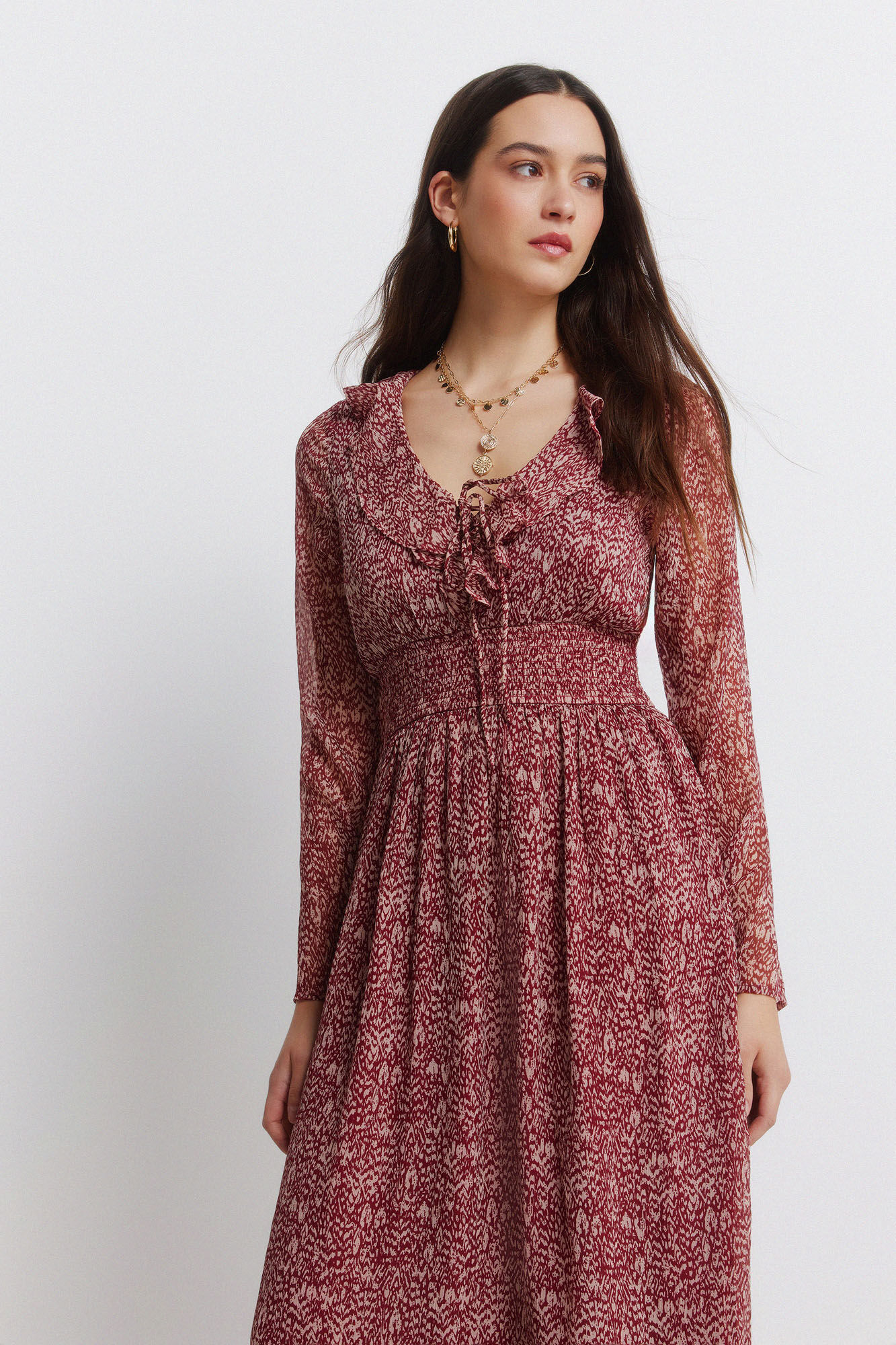 Springfield Vestido midi estampado con escote con volante p&uacute;rpura