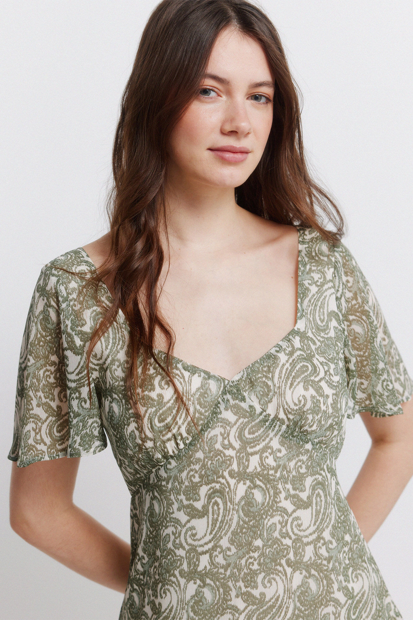 Springfield Vestido corto de volantes estampado paisley khaki