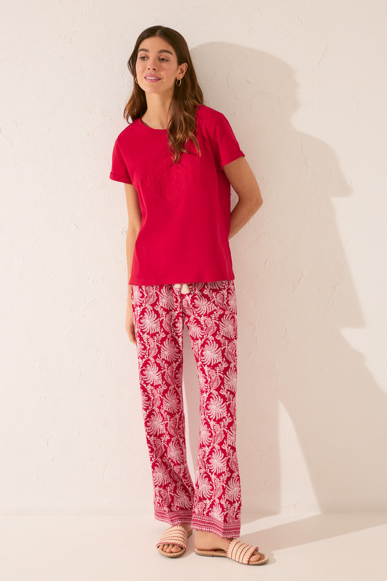 Women'secret Playera de manga corta 100% algod&oacute;n con bordado rojo rojo