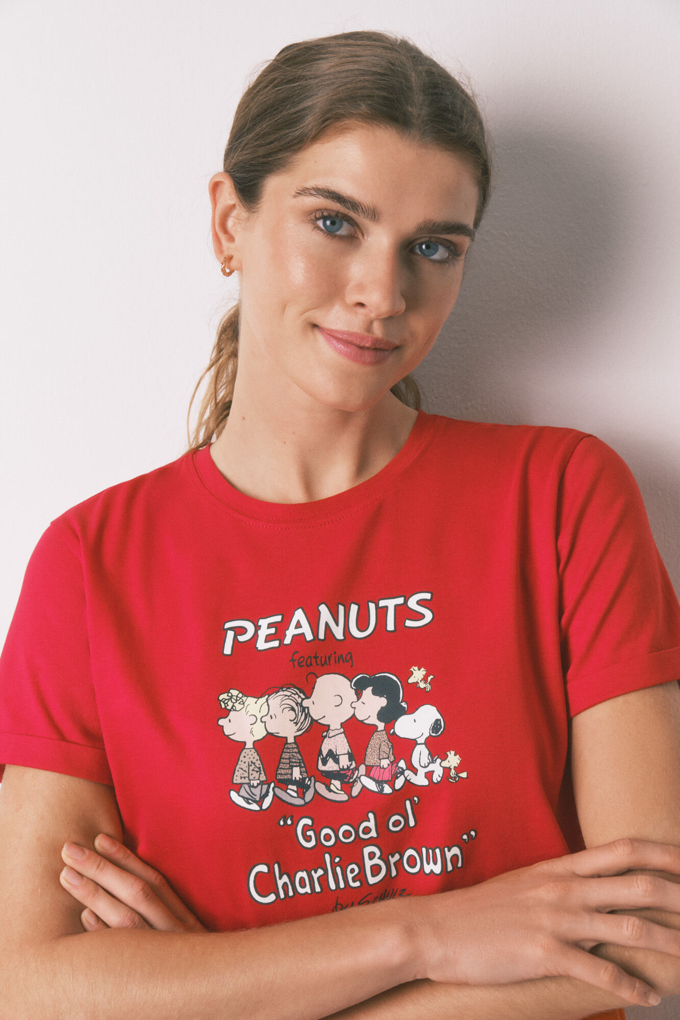Women'secret Pijama larga 100% algod&oacute;n con estampado de cuadros de Snoopy rojo