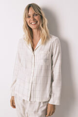 Women'secret Pijama camisera de franela de algodón blanco con estampado de cuadros marfil