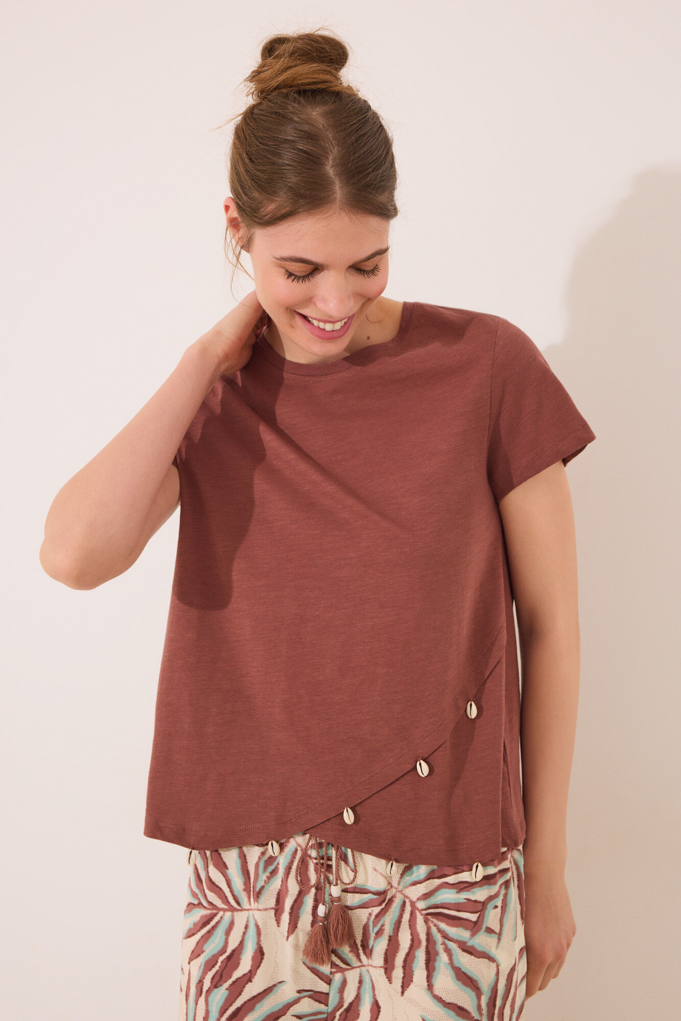 Women'secret Playera manga corta marr&oacute;n caf&eacute;