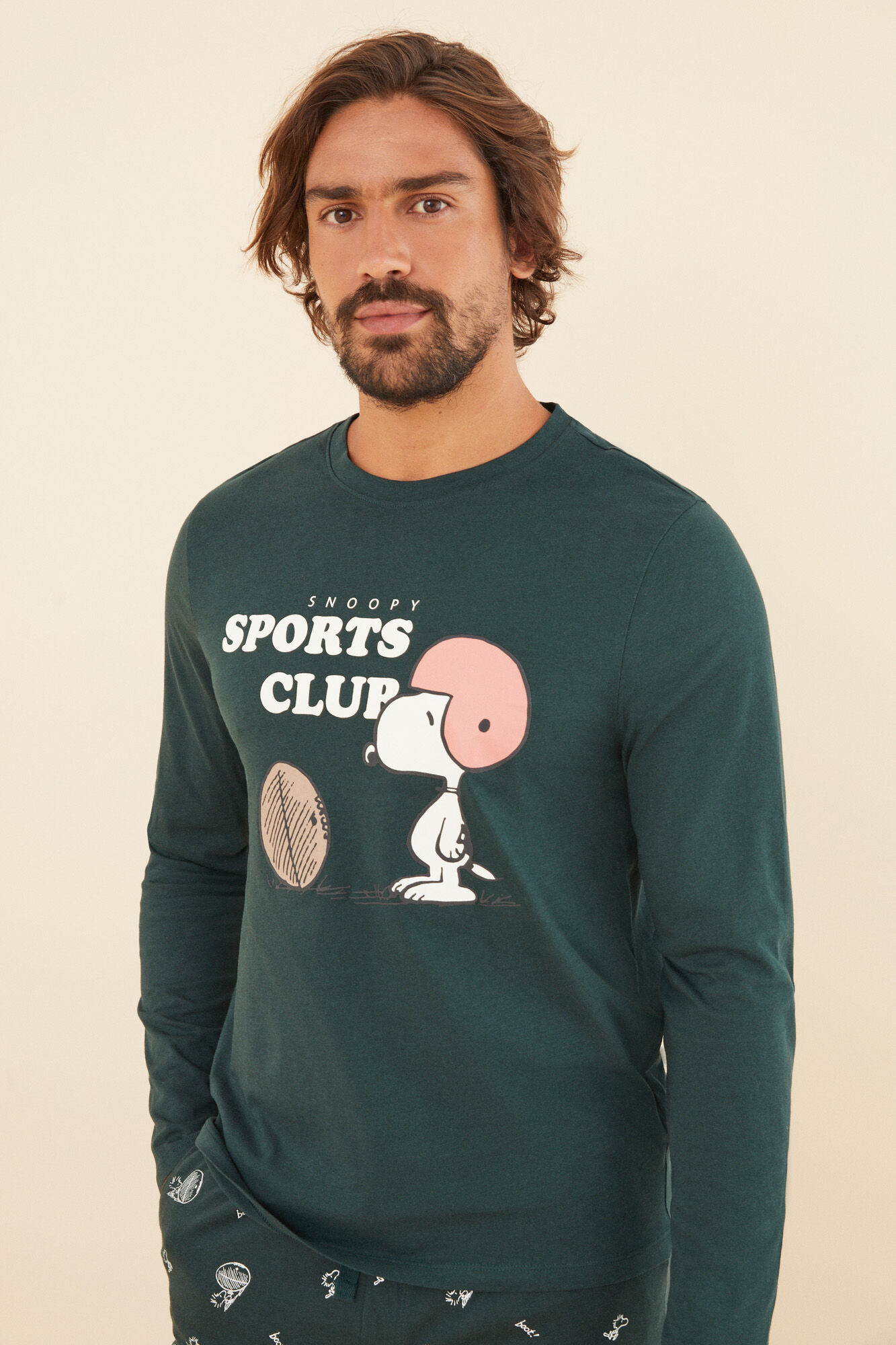 Women'secret Pijama larga hombre 100% algod&oacute;n Snoopy verde