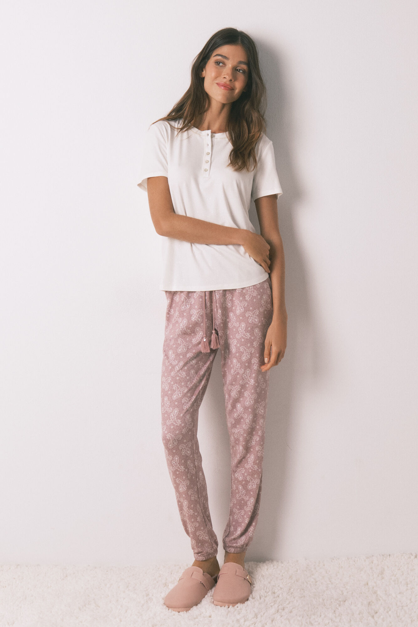 Women'secret Playera de manga corta de viscosa blanca brillante marfil