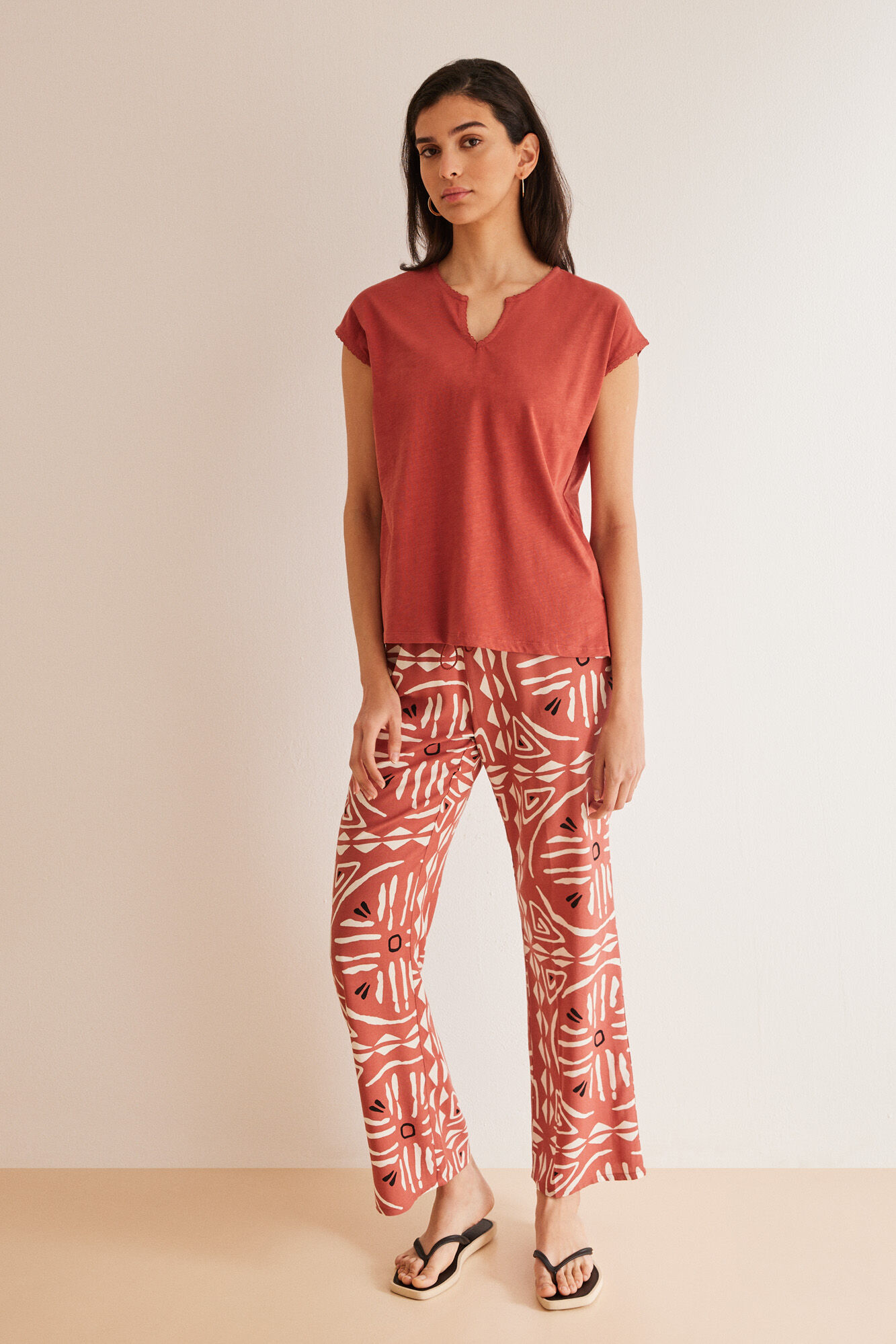 Women'secret Pantalones viscosa estampado &eacute;tnico blanco