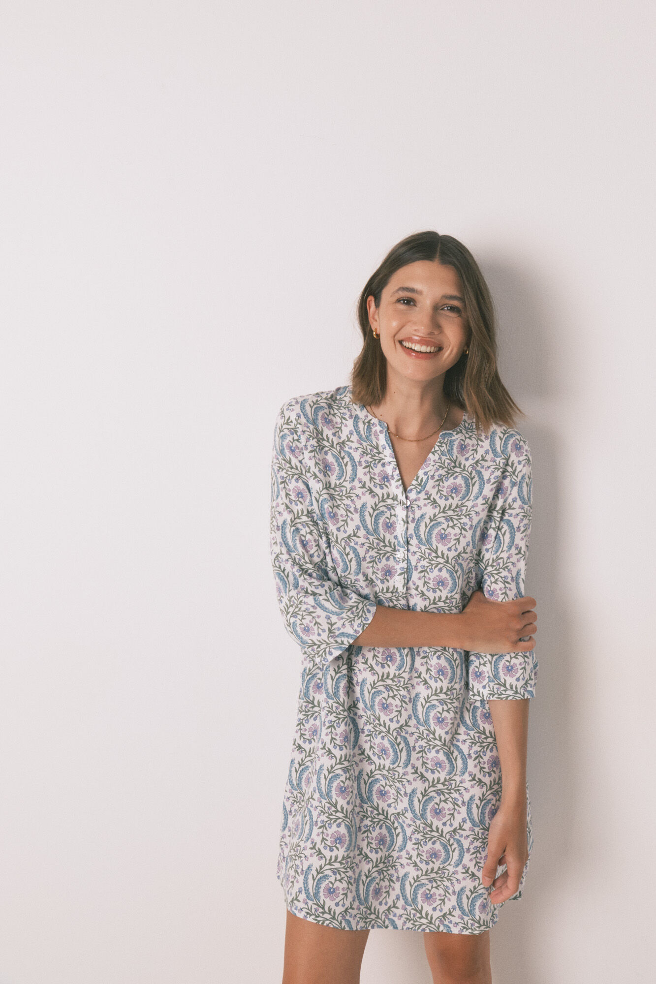 Women'secret Playera de dormir verde floral de manga 3/4