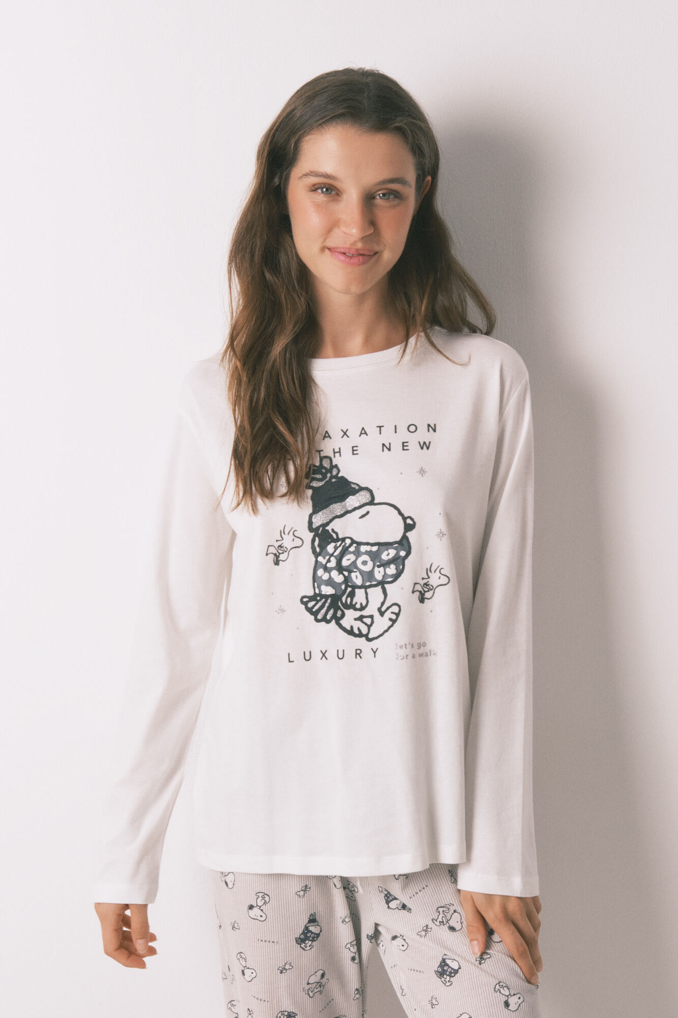 Women'secret Pijama larga de Snoopy 100% algod&oacute;n blanco