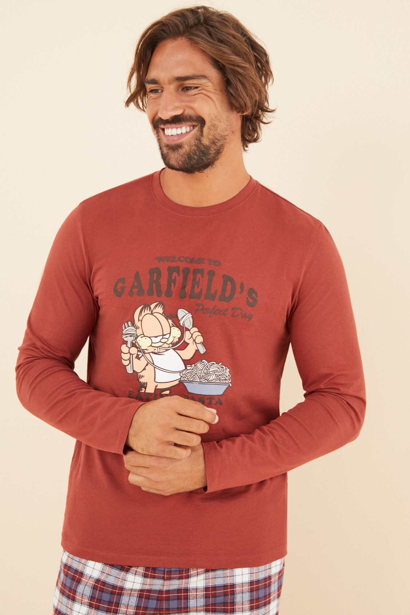 Women'secret Pijama larga hombre 100% algod&oacute;n Garfield naranja