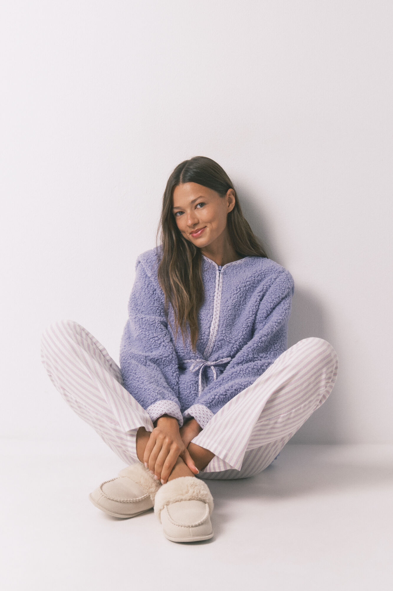 Women'secret Pantal&oacute;n largo de franela con estampado de rayas multicolor