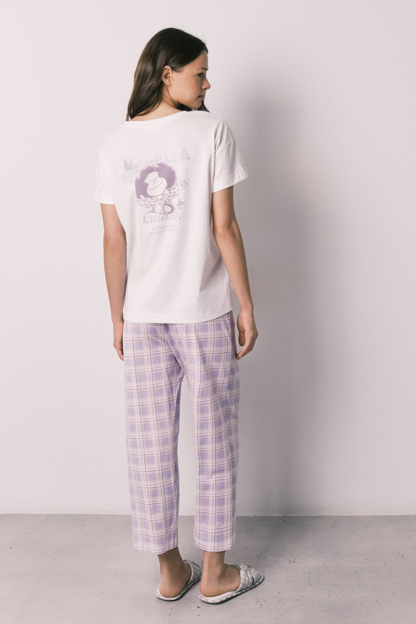 Women'secret Pijama larga de algod&oacute;n Mafalda a cuadros estampado