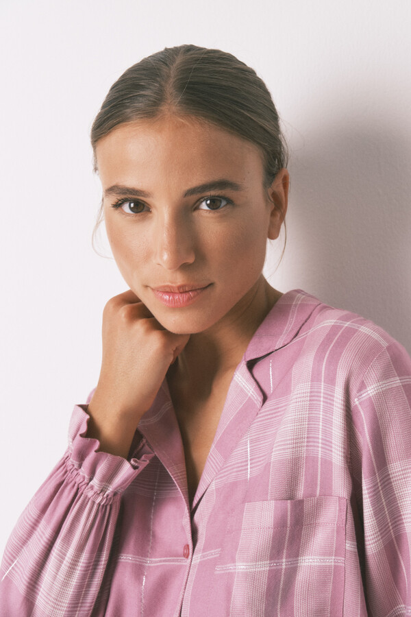 Women'secret Pijama camisera de viscosa a cuadros rosas rosa