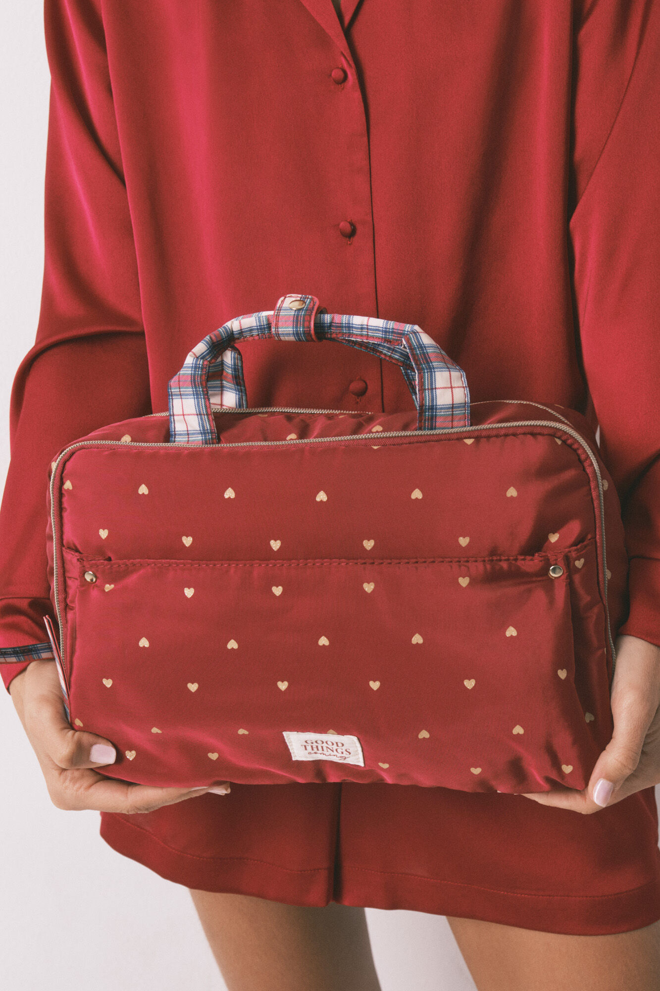 Women'secret Neceser grande de nailon rojo con estampado de corazones rojo