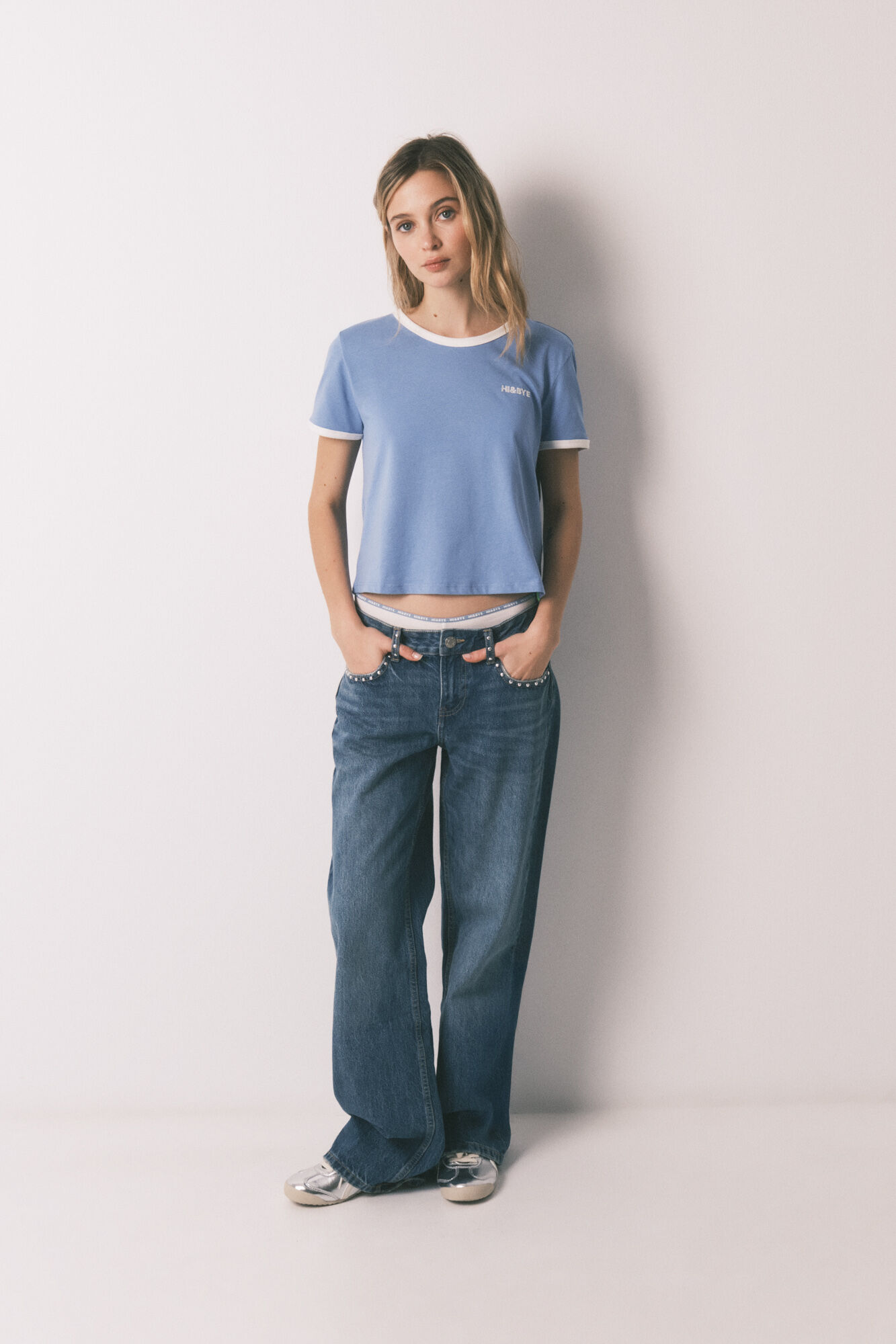 HI&BYE Playera lisa de manga corta de 100% algod&oacute;n azul azul