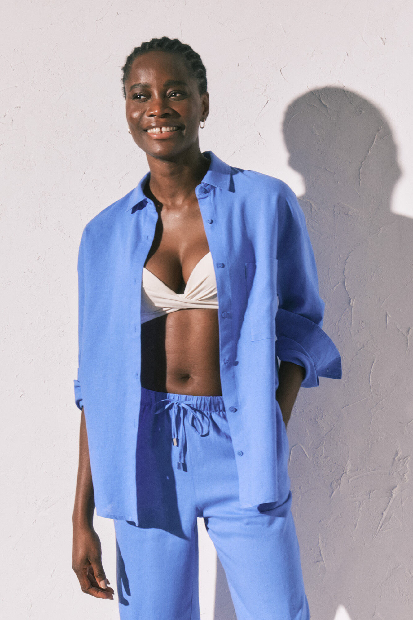 Women'secret Camisa de manga larga de lino azul azul