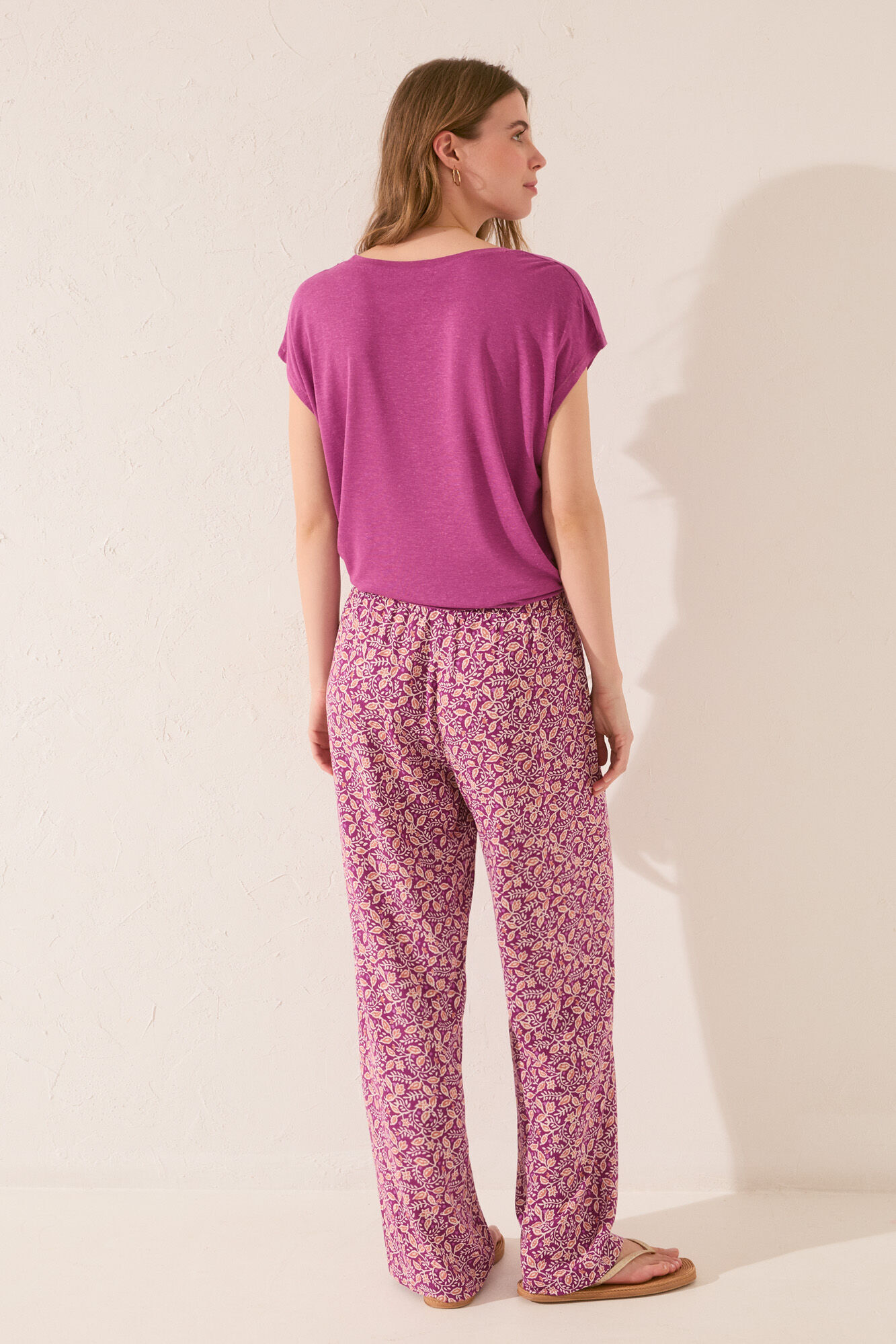 Women'secret Pantal&oacute;n largo de viscosa con estampado morado/lila estampado