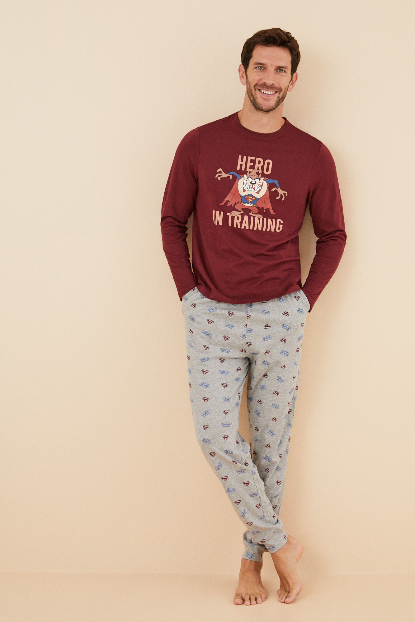 Women'secret Pijama larga hombre 100% algod&oacute;n Diablo Tasmania p&uacute;rpura