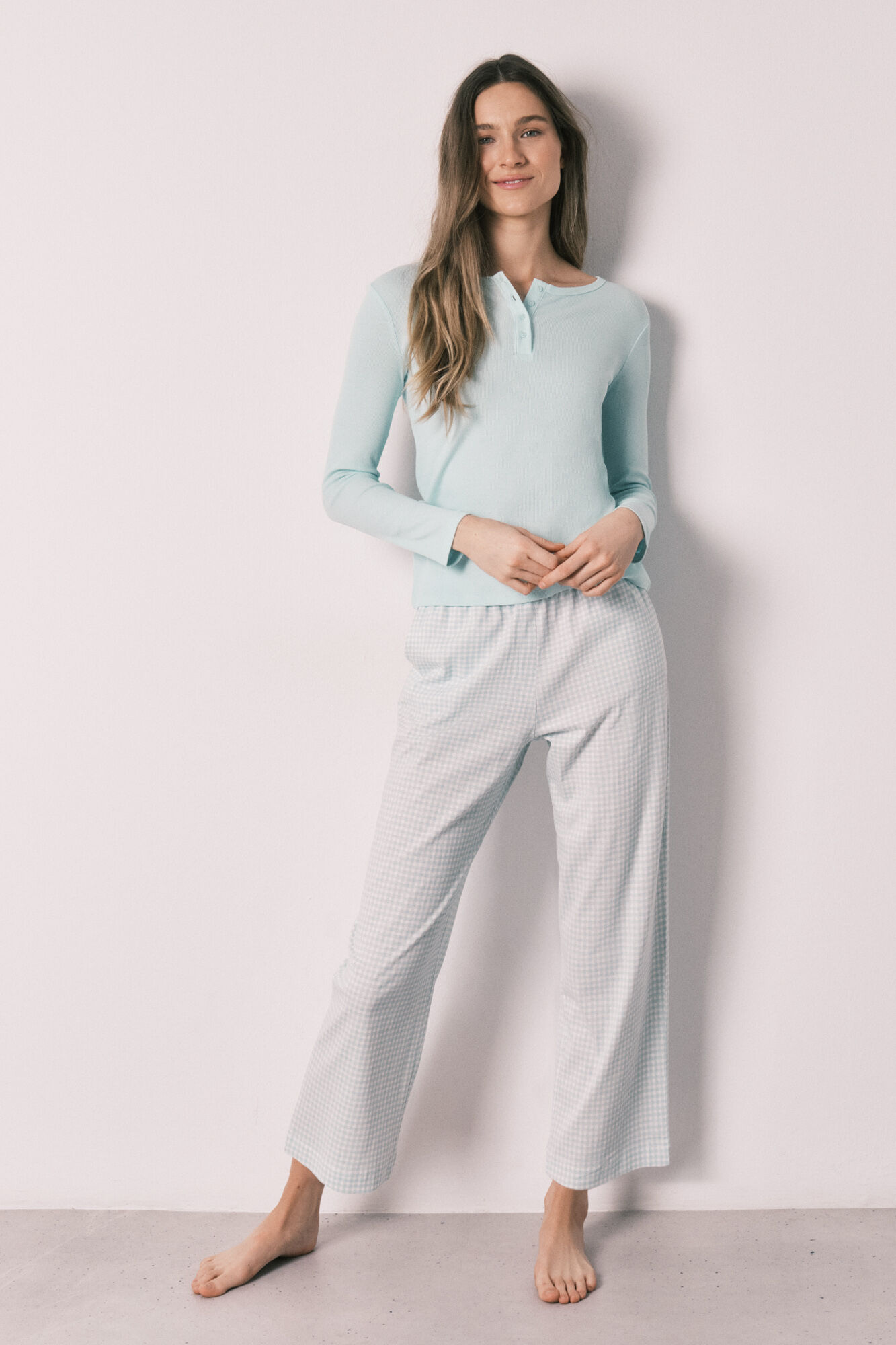 Women'secret Pijama larga cuadros Vichy de algod&oacute;n verde verde