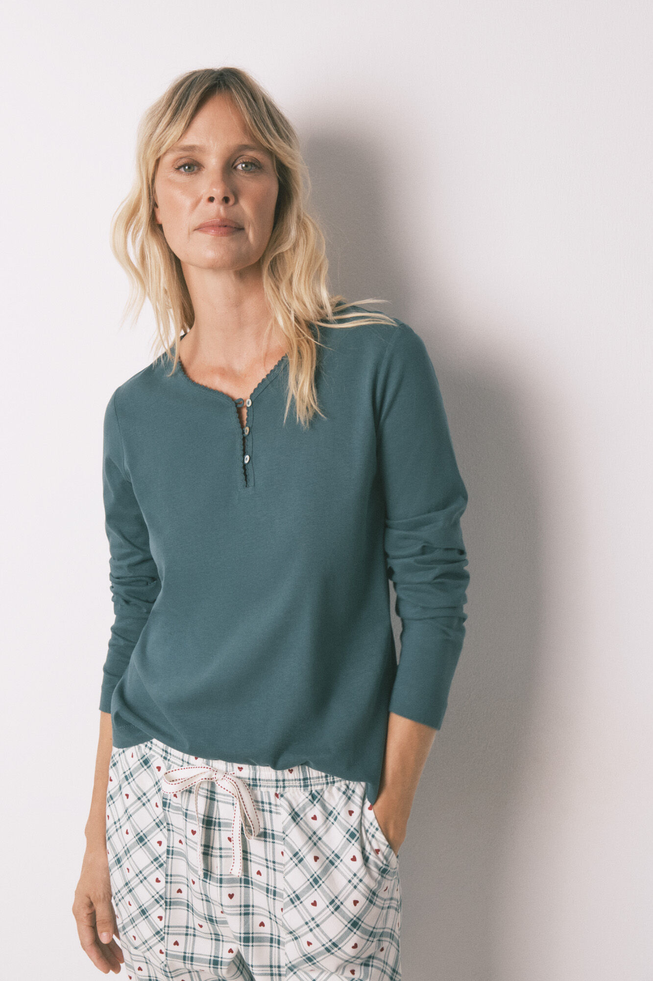 Women'secret Playera verde de manga manga larga 100% algod&oacute;n