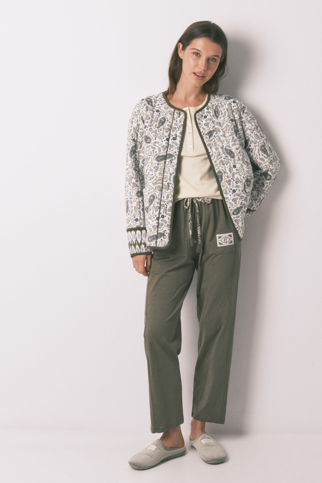 Women'secret Pantal&oacute;n largo de algod&oacute;n verde kaki