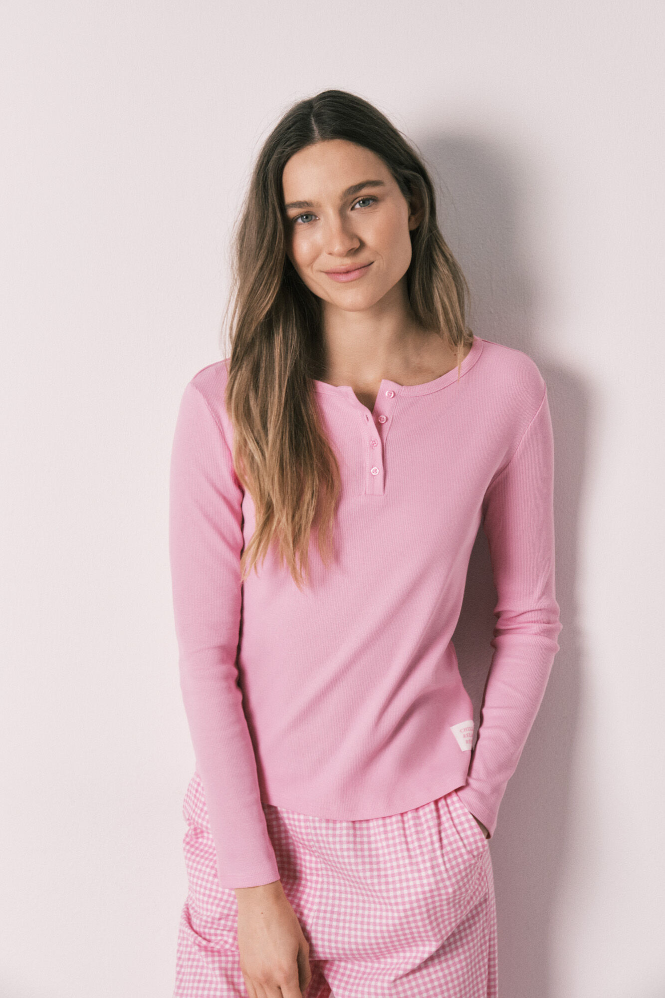 Women'secret Pijama larga estampado vichy de algod&oacute;n rosa rosa