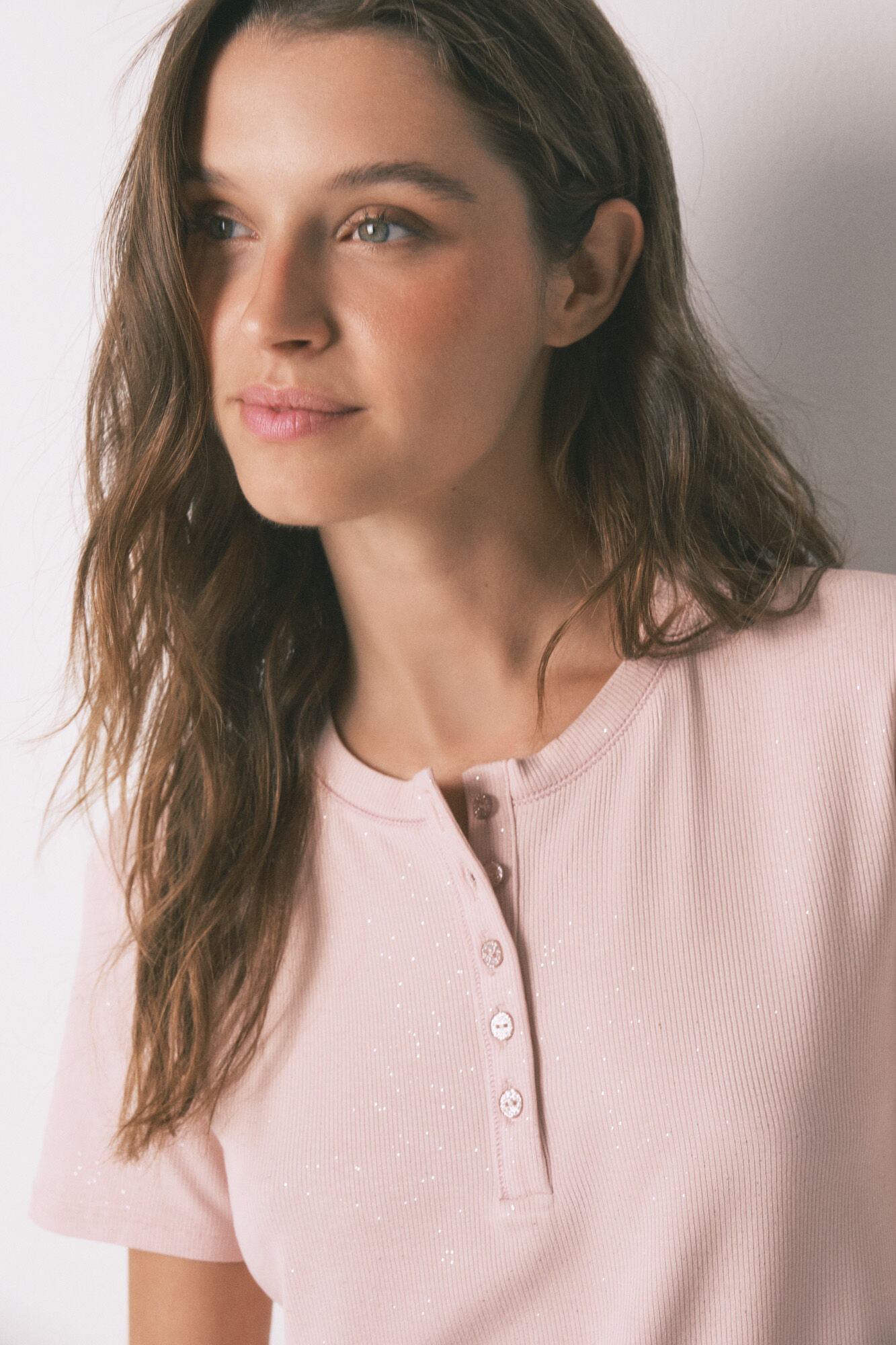 Women'secret Playera de manga corta de viscosa con purpurina rosa