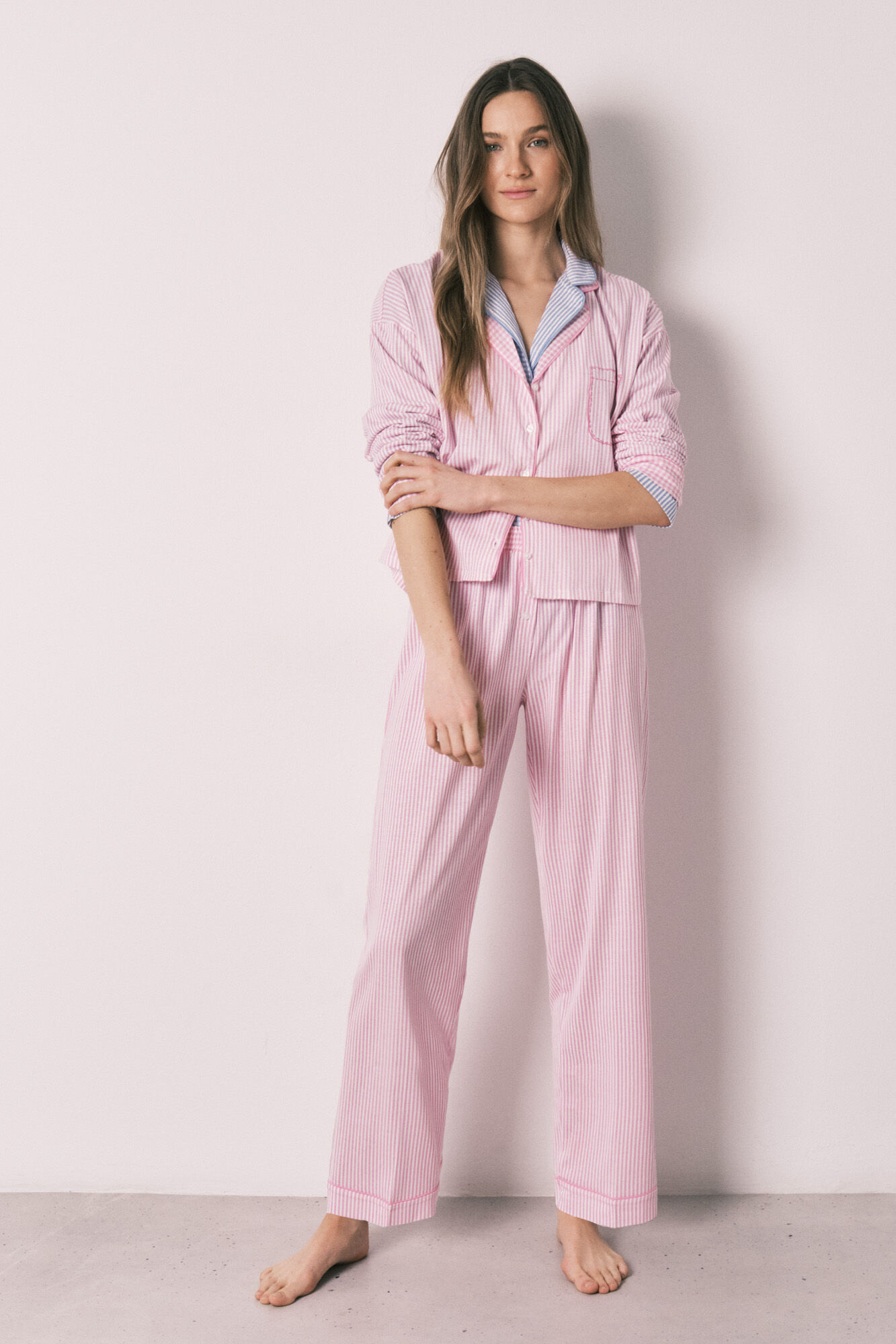 Women'secret Pijama camisera larga a rayas de algod&oacute;n rosa rosa