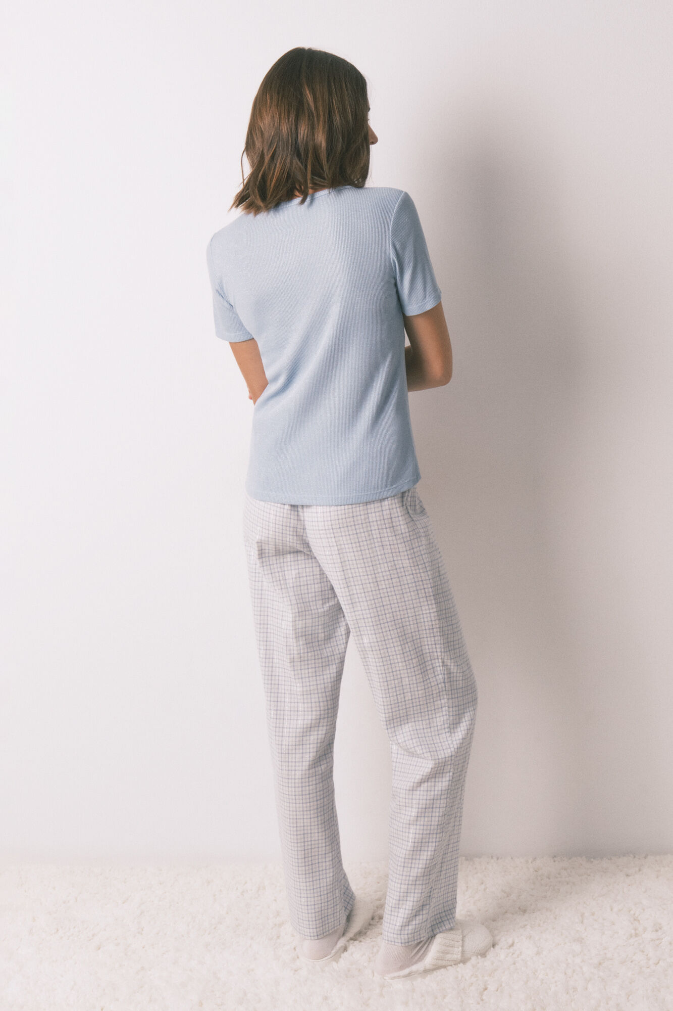 Women'secret Pijama larga cuadros con efecto brillante azul azul