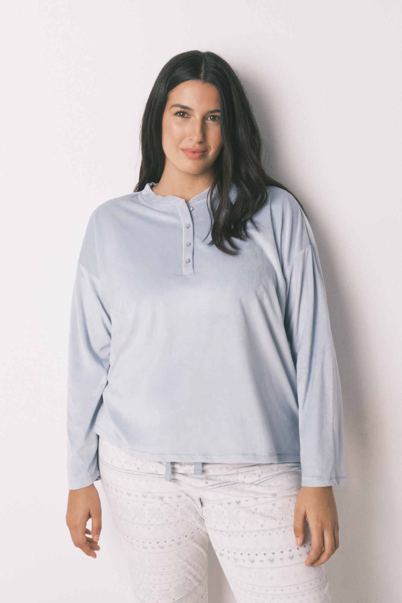 Women'secret Pijama larga polar suave cenefas azul azul