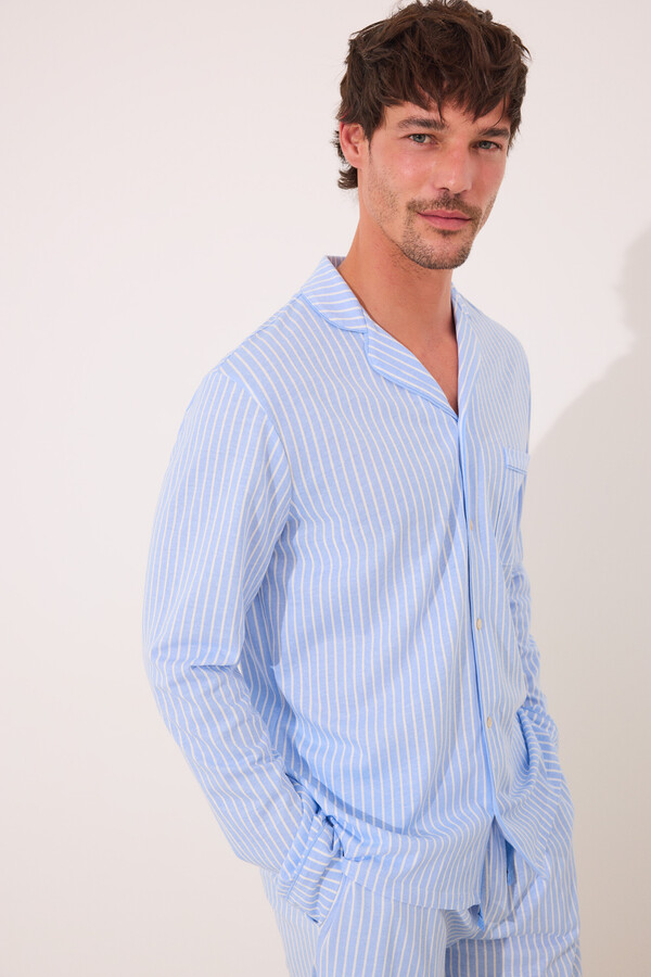 Women'secret Pijama camisera de algodón de rayas azules para hombre estampado