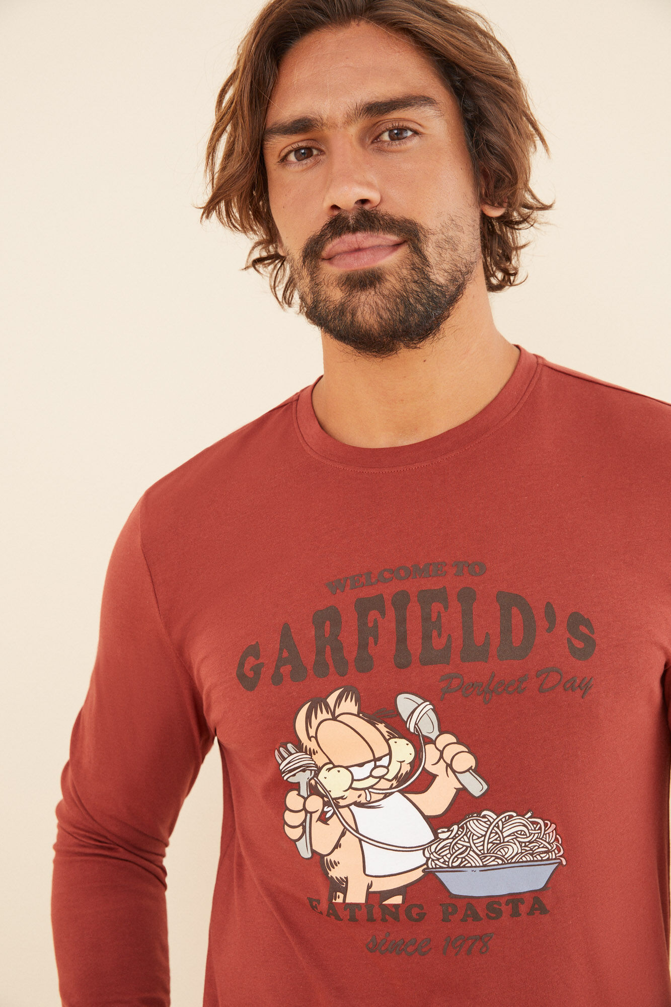 Women'secret Pijama larga hombre 100% algod&oacute;n Garfield naranja