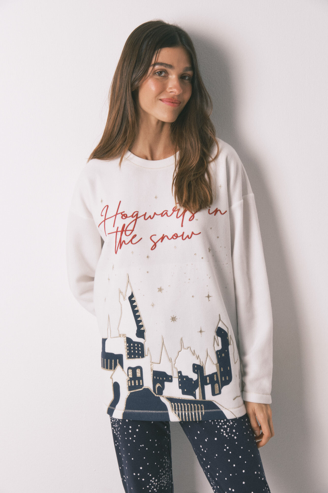 Women'secret Pijama larga polar estampado "Hogwarts" marfil