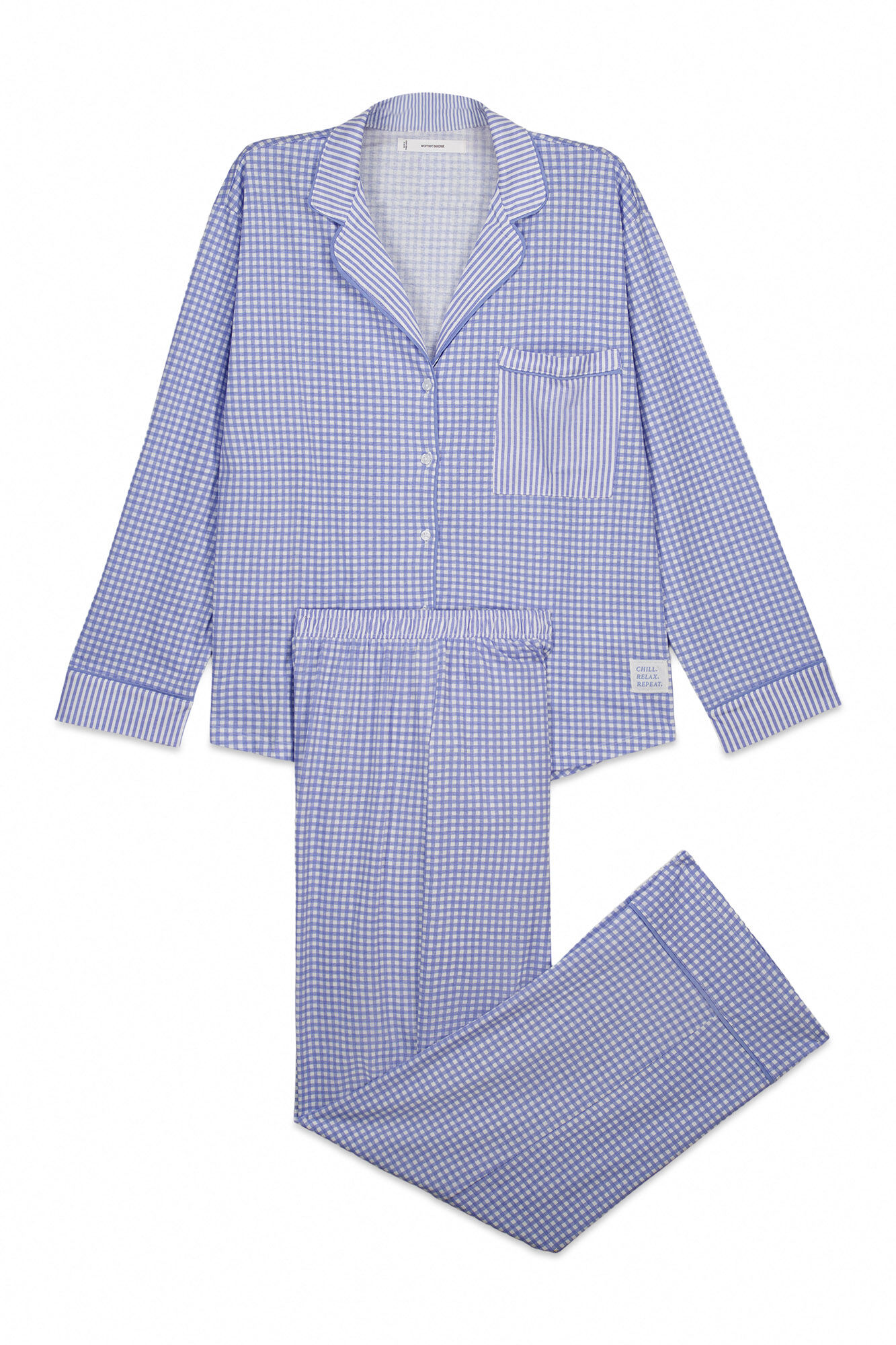 Women'secret Pijama camisera larga estampado vichy de algod&oacute;n azul azul