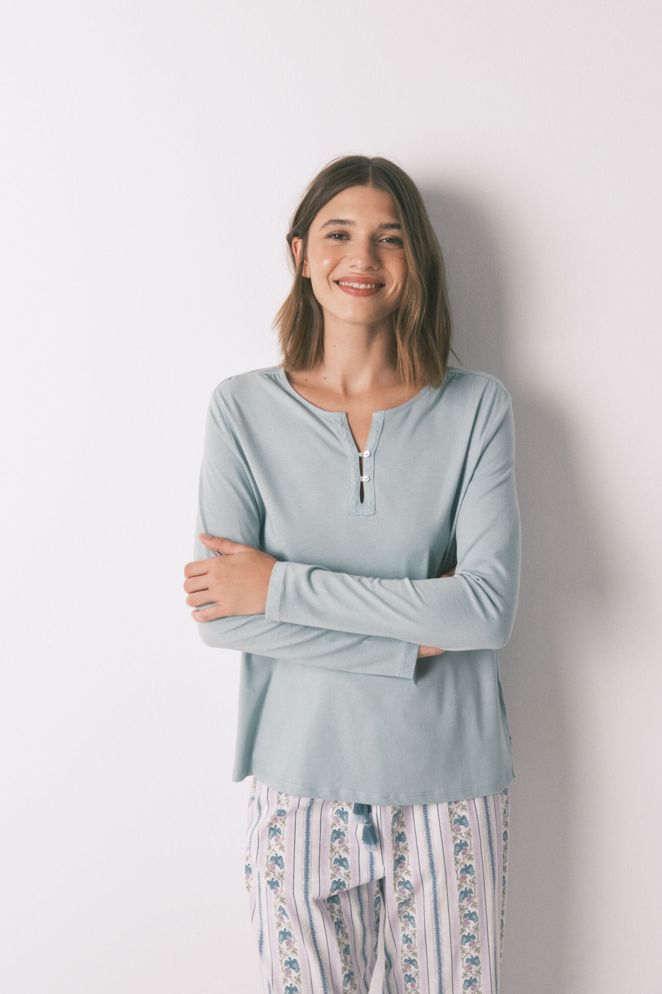 Women'secret Playera verde de manga manga larga 100% algod&oacute;n