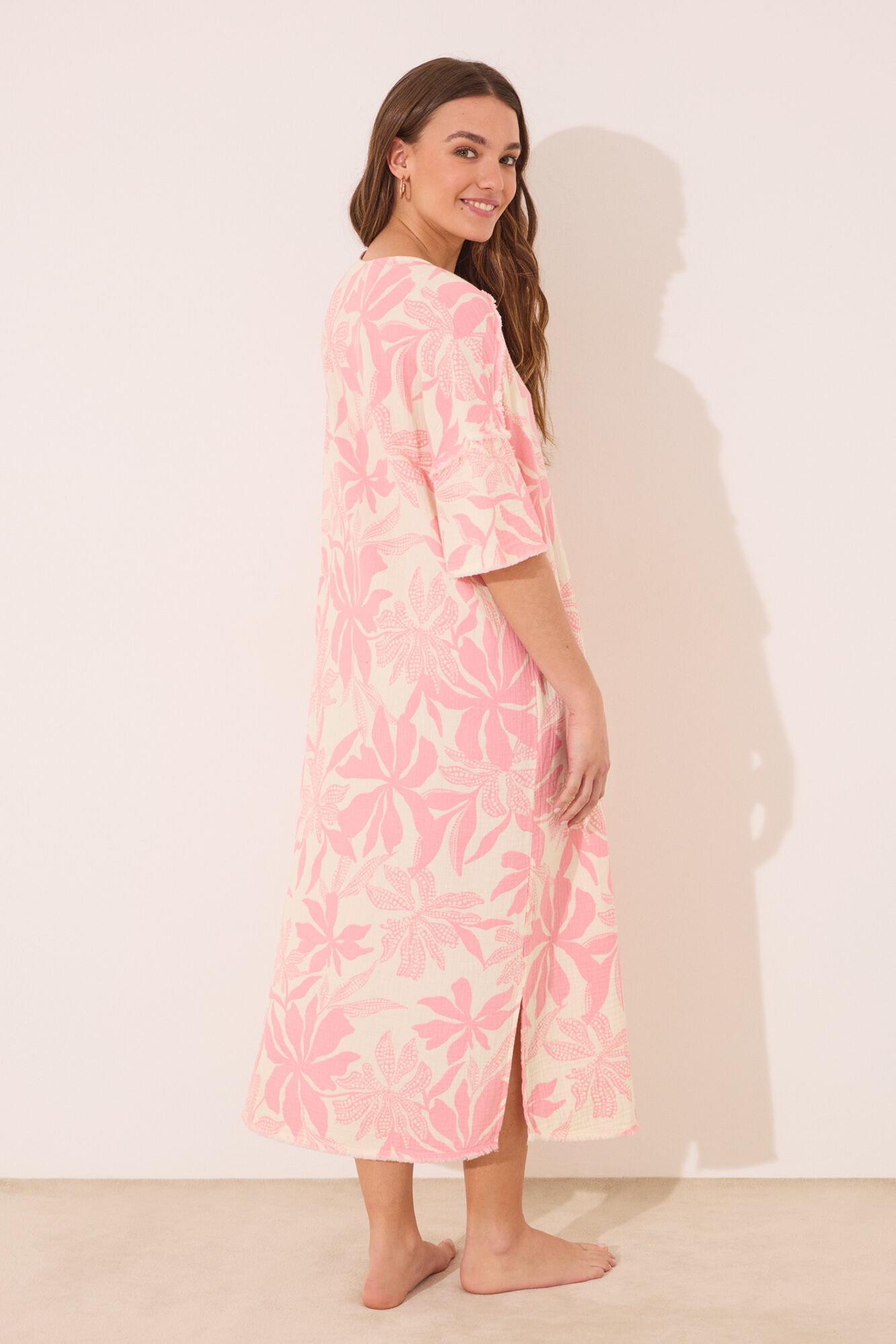 Women'secret Vestido largo de muselina 100% algod&oacute;n estampado flores rosa