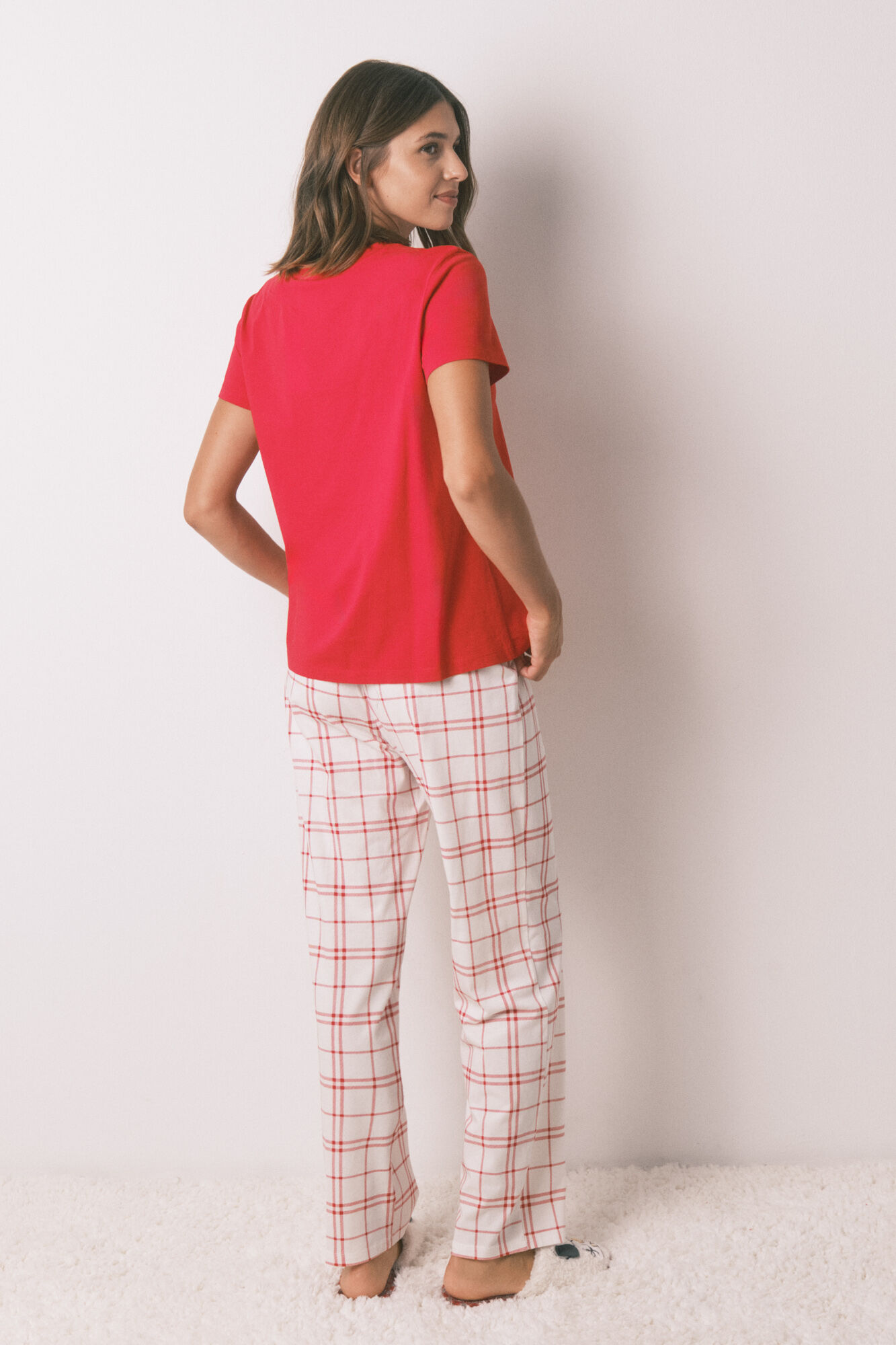 Women'secret Pijama larga 100% algod&oacute;n cuadros rojo Snoopy rojo