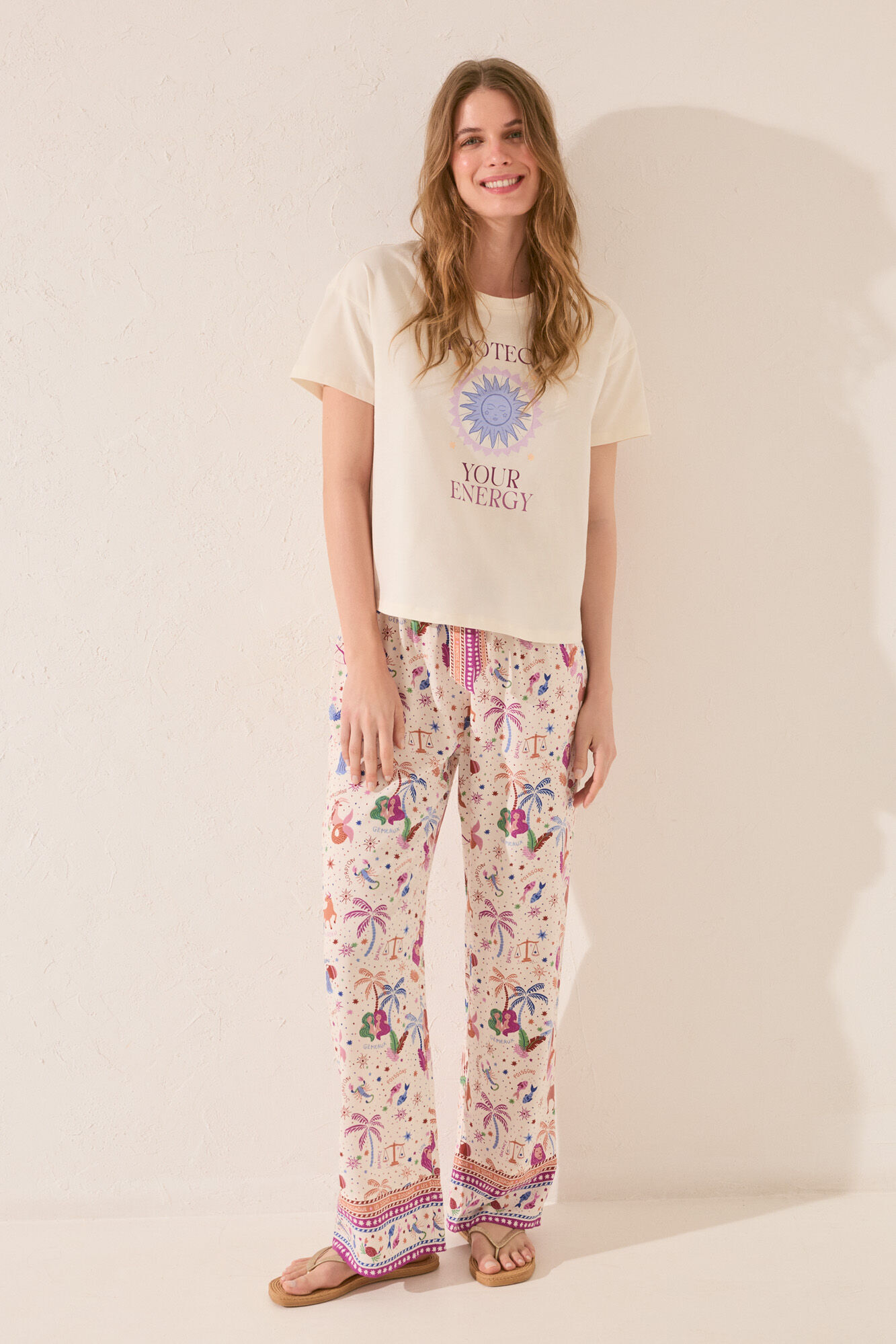 Women'secret Pantal&oacute;n largo de viscosa con estampado multicolor estampado