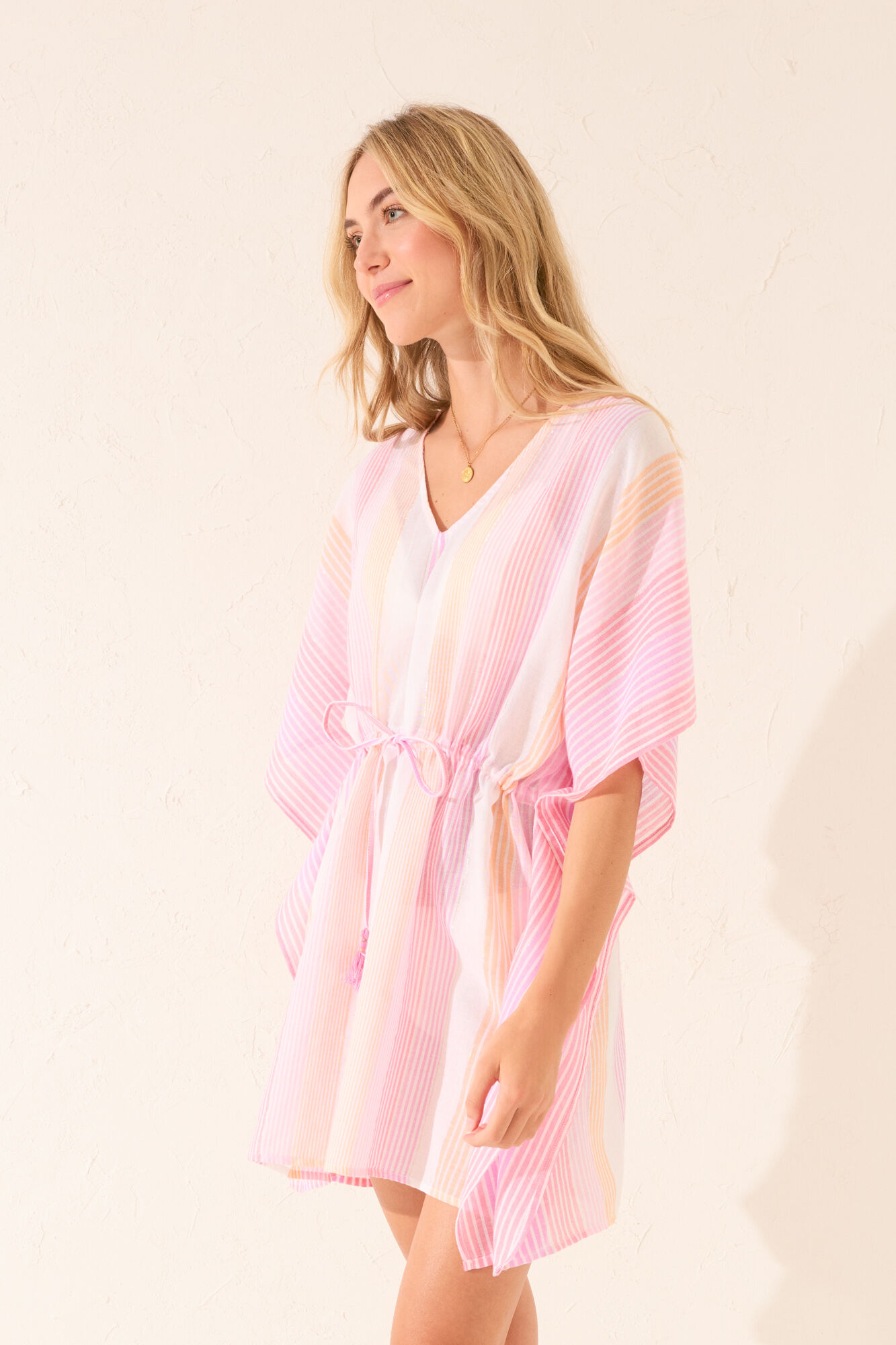 Women'secret T&uacute;nica short de algod&oacute;n con estampado de rayas rosas rosa