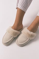 Women'secret Pantuflas para casa de piel sint&eacute;tica beige marfil