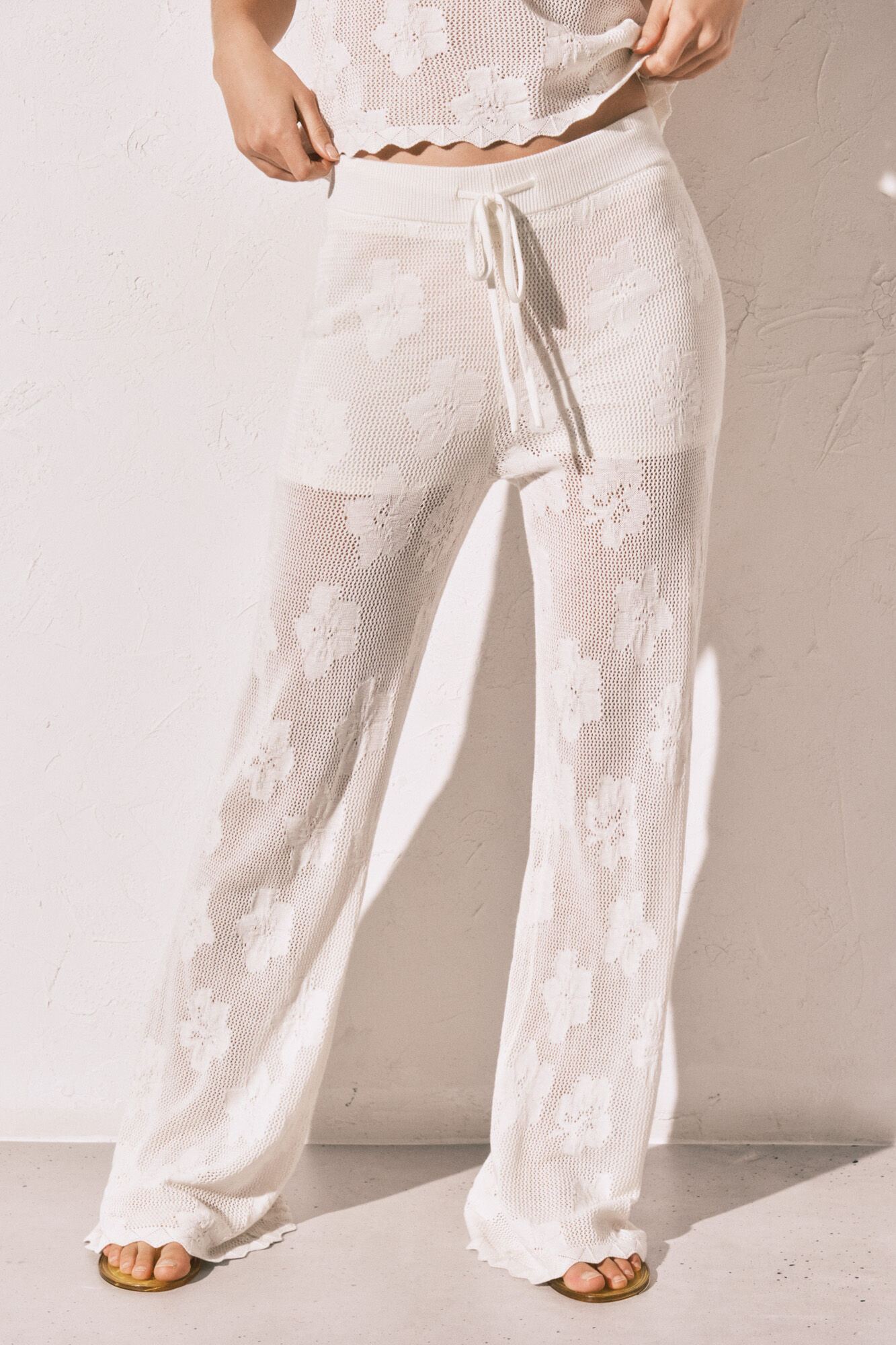 Women'secret Pantal&oacute;n largo de crochet beige marfil