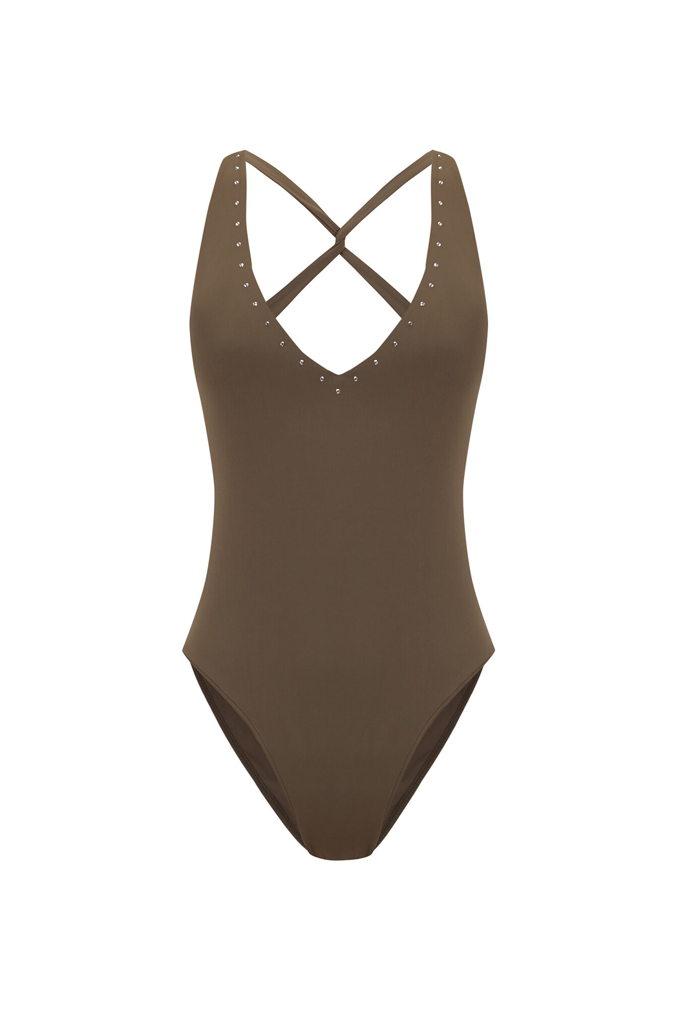 Women'secret Traje de ba&ntilde;o caqui de escote profundo con pedrer&iacute;a brillante. kaki