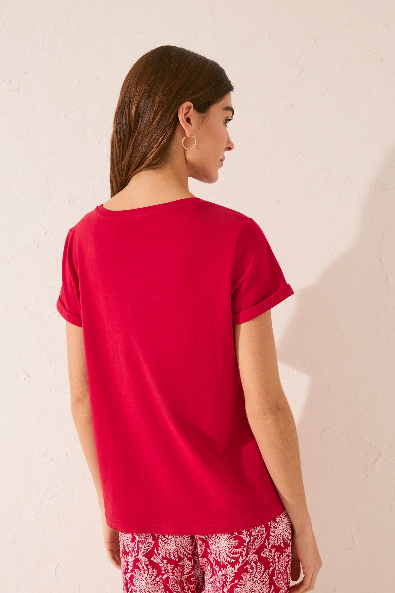 Women'secret Playera de manga corta 100% algod&oacute;n con bordado rojo rojo