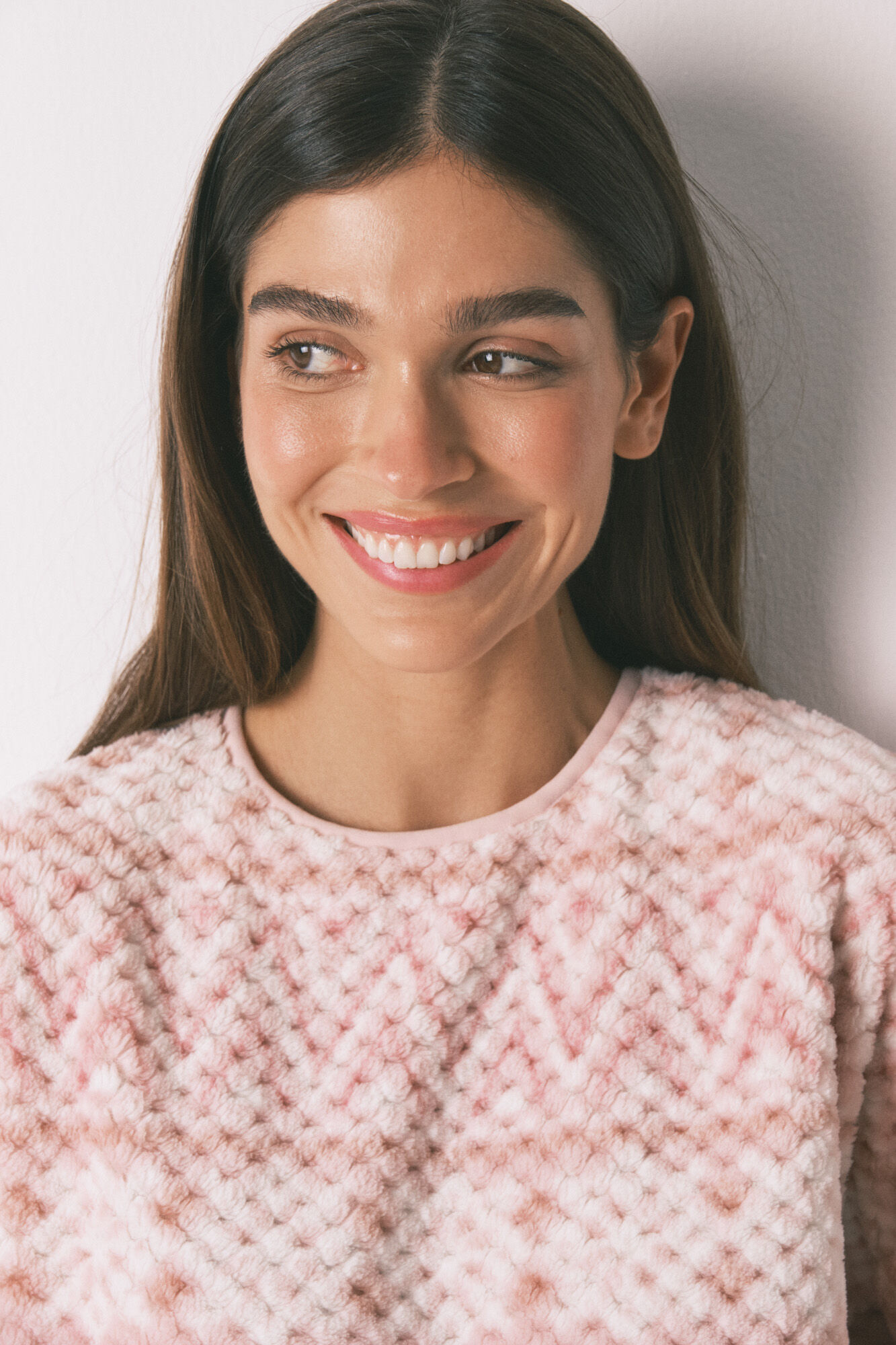 Women'secret Pijama larga polar rosa cenefa rosa