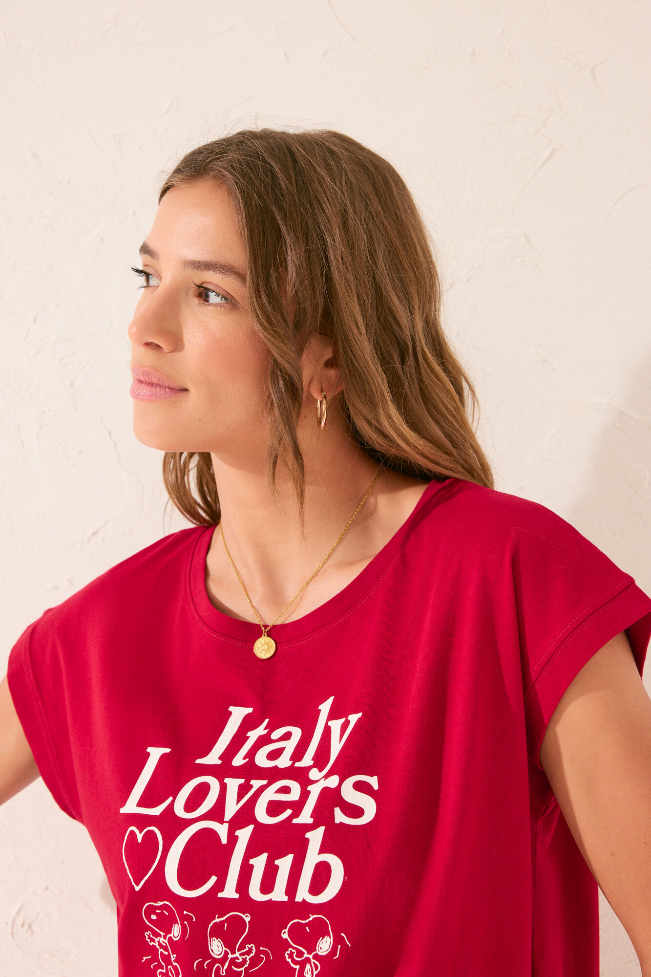 Women'secret Playera de manga corta de Snoopy roja 100 % algod&oacute;n