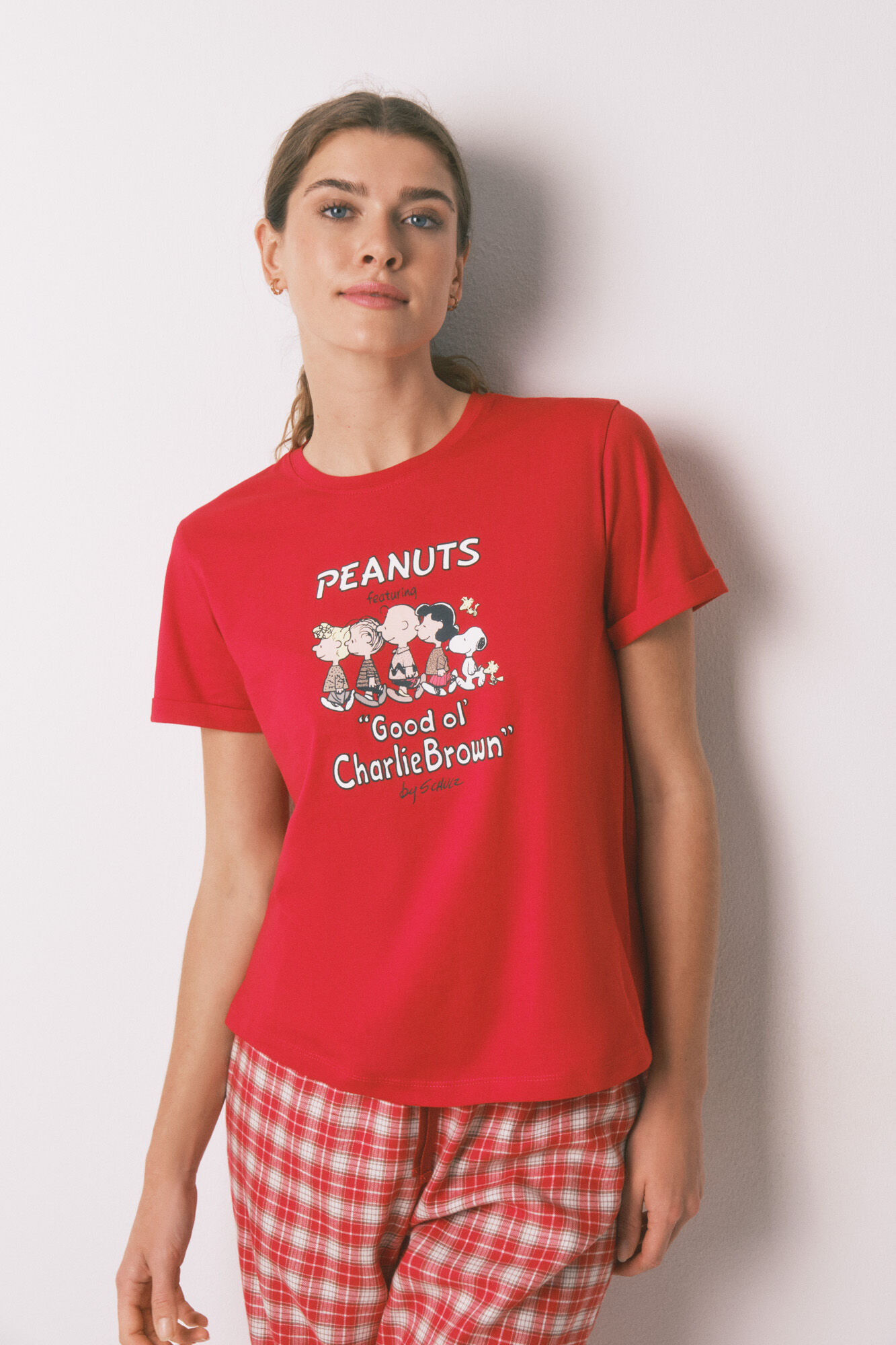 Women'secret Pijama larga 100% algod&oacute;n con estampado de cuadros de Snoopy rojo