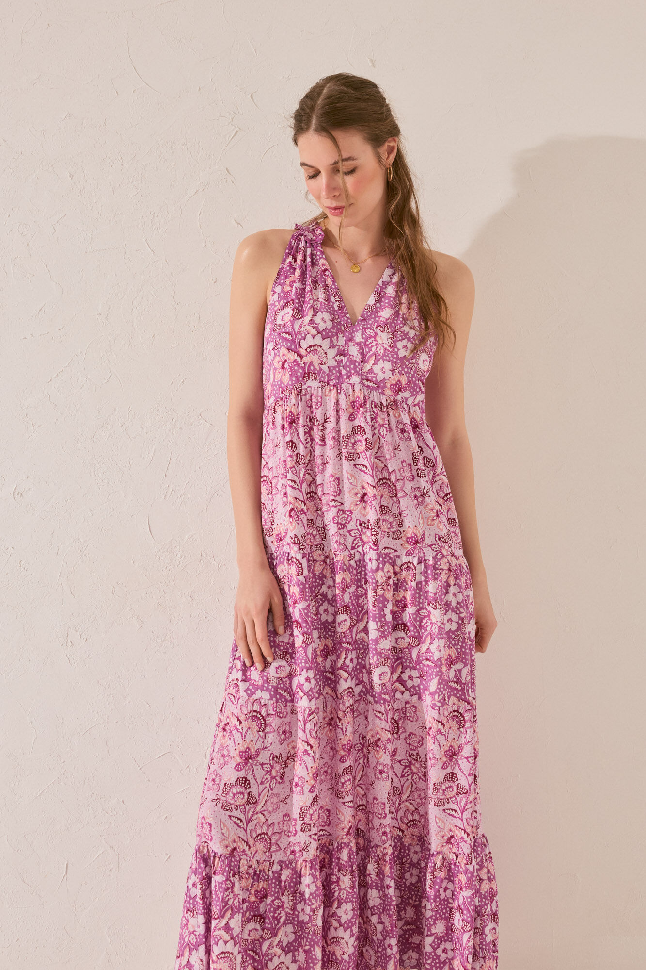 Women'secret Vestido largo de tirantes de viscosa con estampado morado/lila estampado