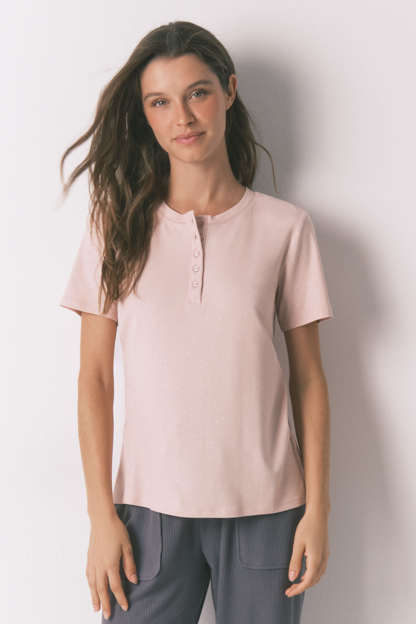 Women'secret Playera de manga corta de viscosa con purpurina rosa