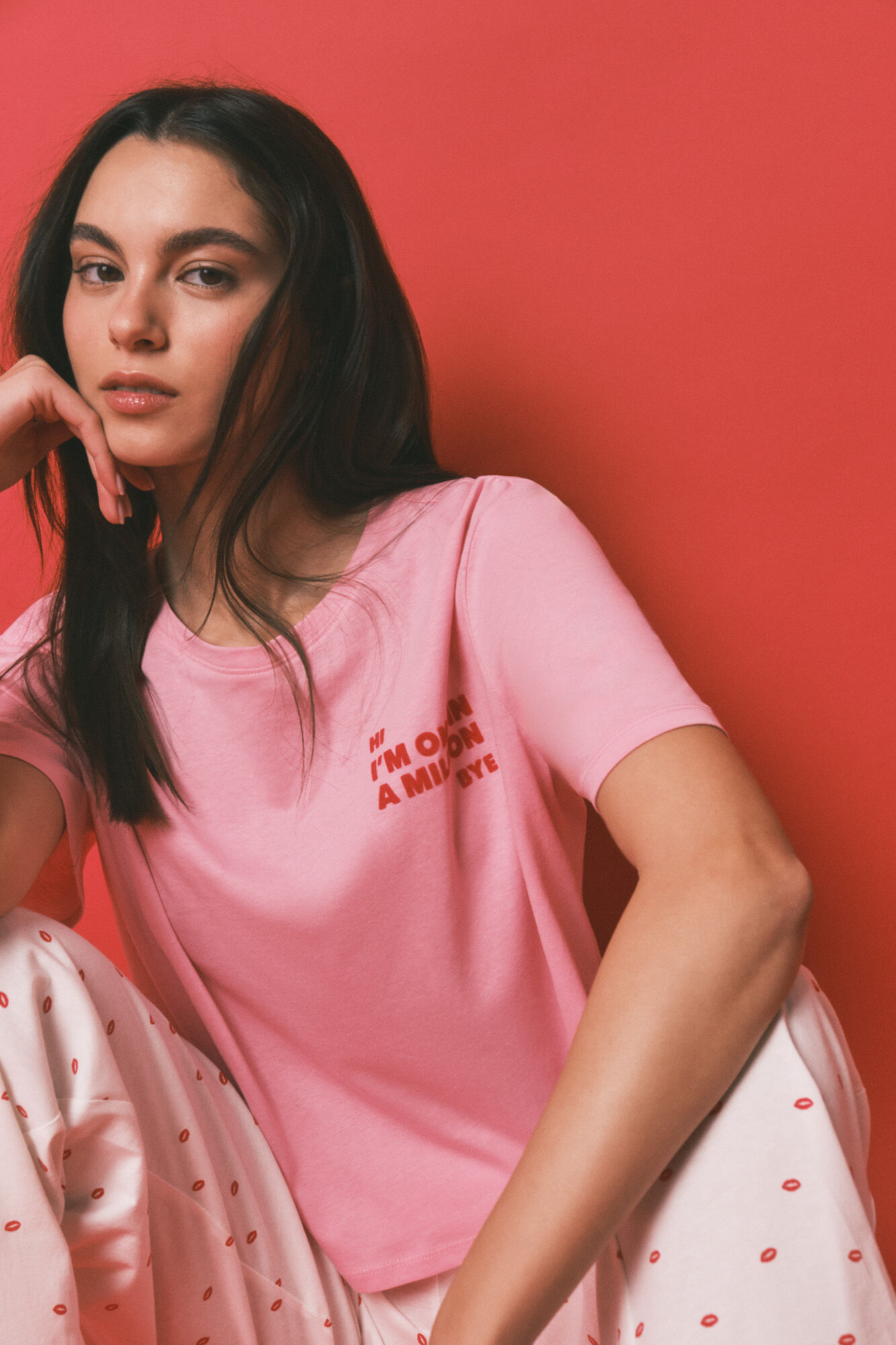 HI&BYE Pijama larga estampada de 100% algod&oacute;n rosa rosa