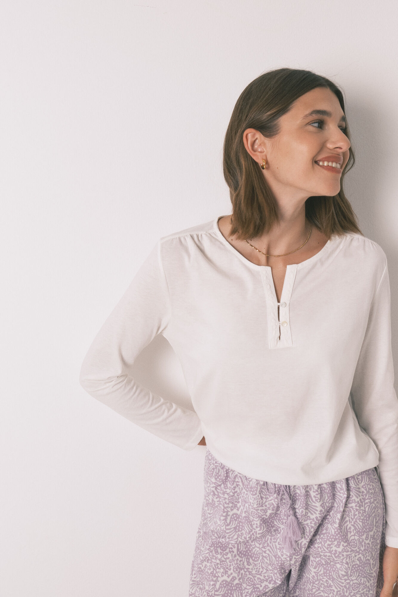 Women'secret Playera blanca de manga larga 100% algod&oacute;n blanco